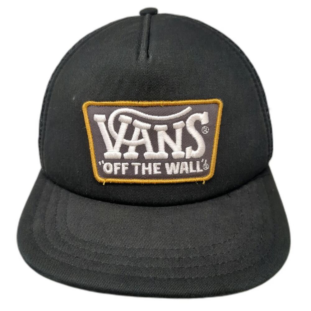 Vans Trucker Hat Black One Size Mesh Back Front Logo Patch Snapback Flat Brim